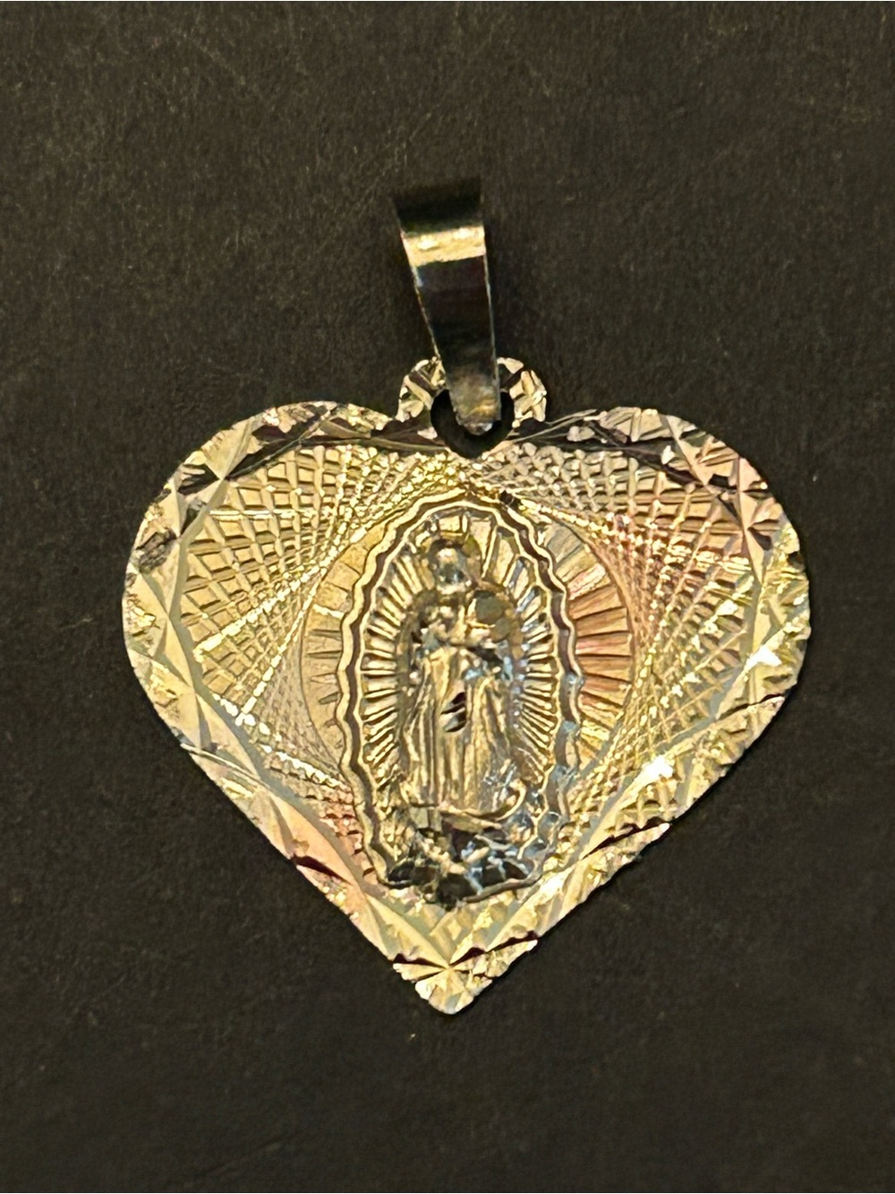 Solid 10KT Two-Tone Gold Heart Pendant with Virgin Mary Medallion - Picture 9 of 10